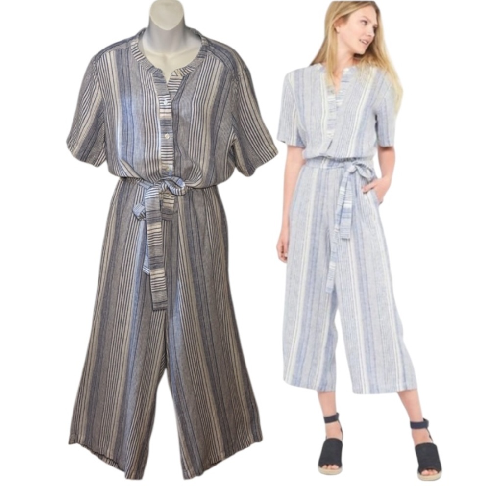 GAP Striped Blue Linen Mix Cropped Wide Leg Jumpsuit Size Large